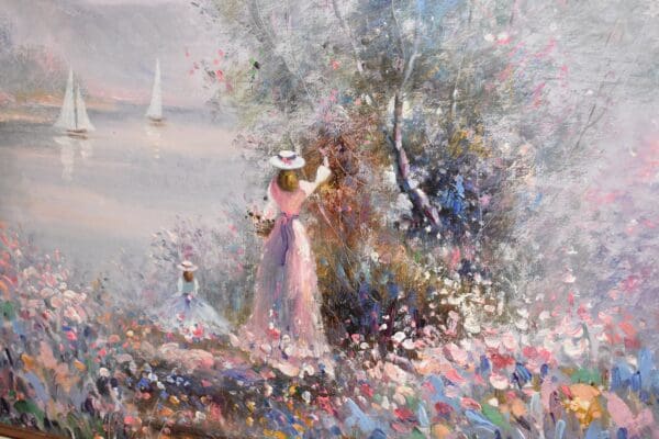 Painting of two women in a floral field.