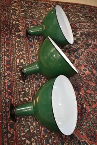 Silv-A-King Porcelain Green & White Enameled Industrial Light Fixtures, set of 3