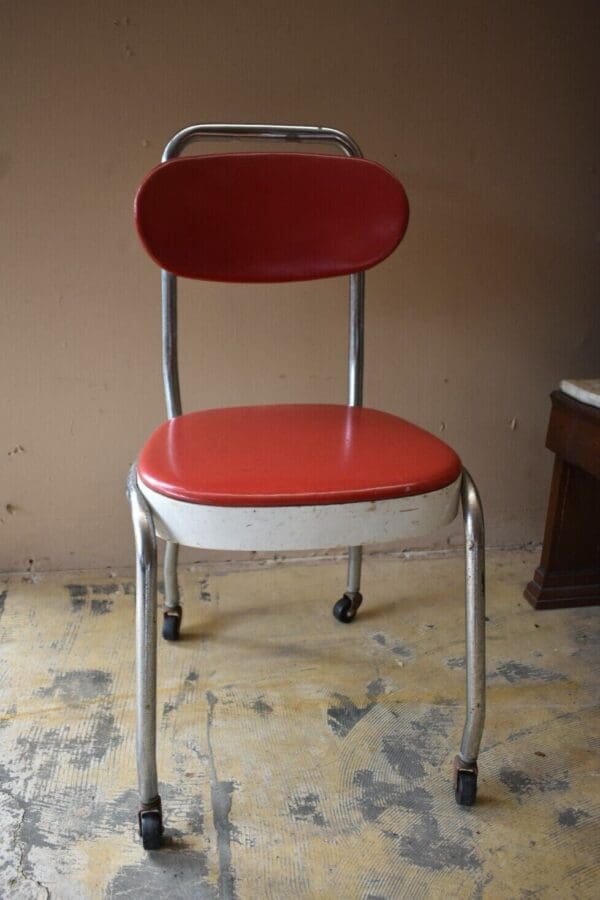 Mid Century Metal & Chrome Rolling Red Upholstered Chair