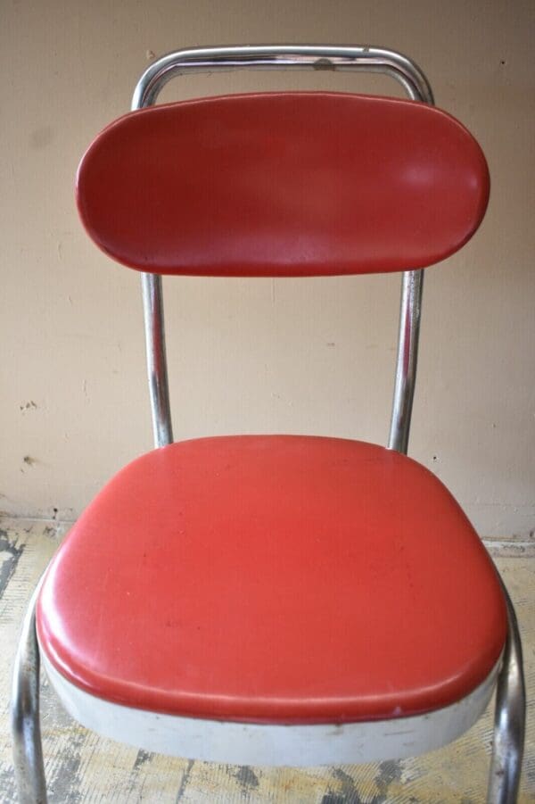 Mid Century Metal & Chrome Rolling Red Upholstered Chair