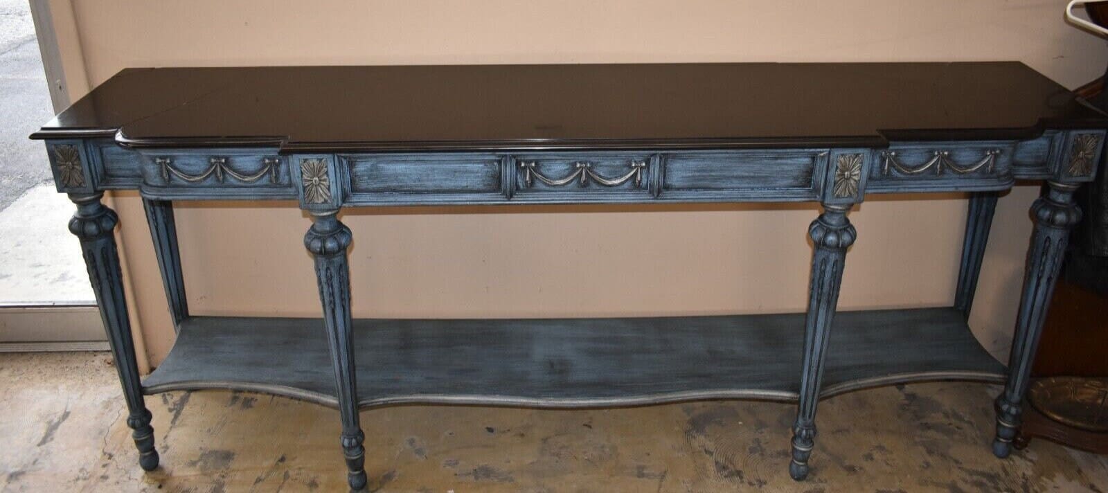 Large Marble Top Dining Room Server Buffet, Painted Blue