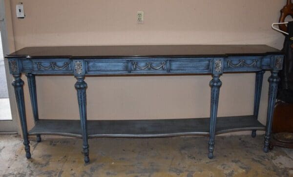 Large Marble Top Dining Room Server Buffet, Painted Blue