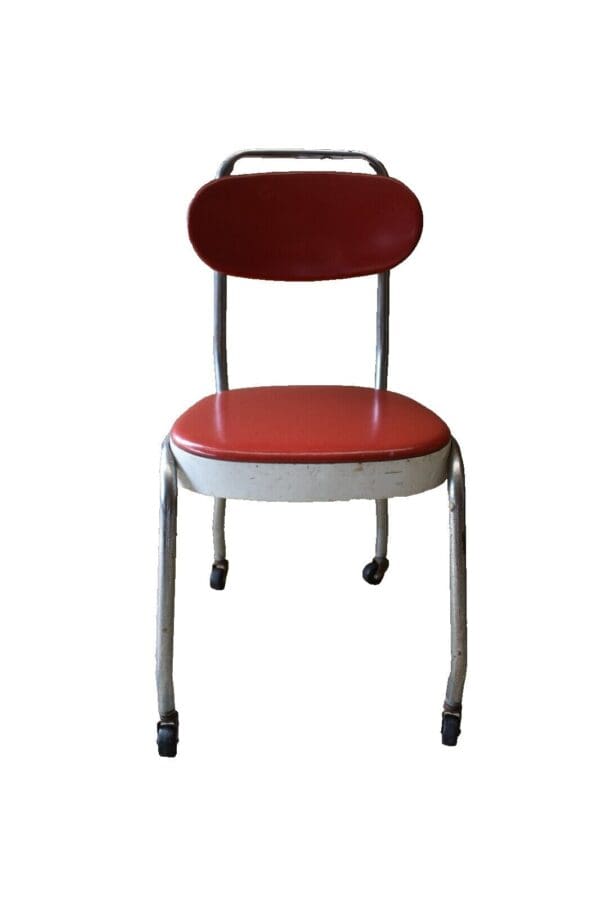 Mid Century Metal & Chrome Rolling Red Upholstered Chair