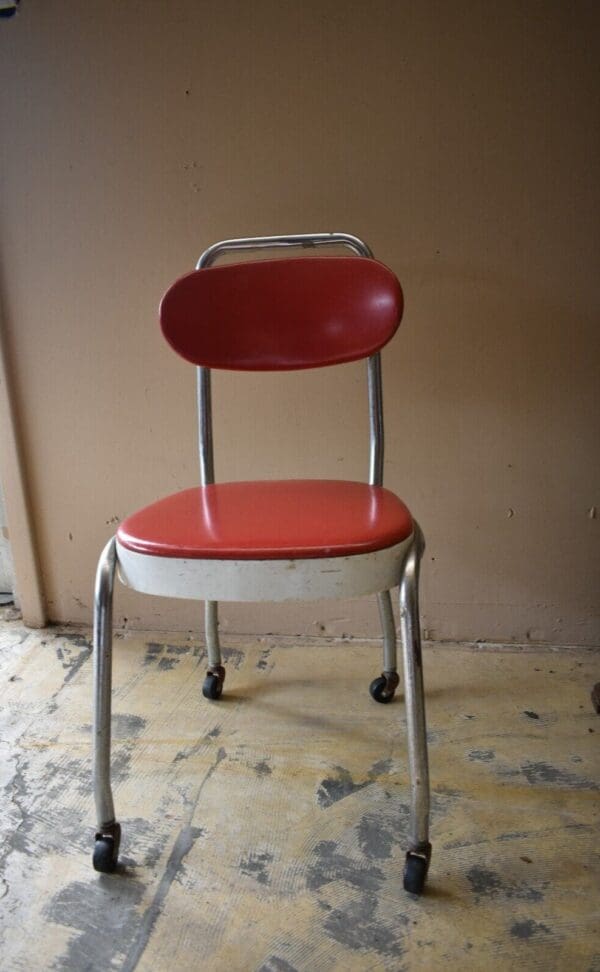 Mid Century Metal & Chrome Rolling Red Upholstered Chair