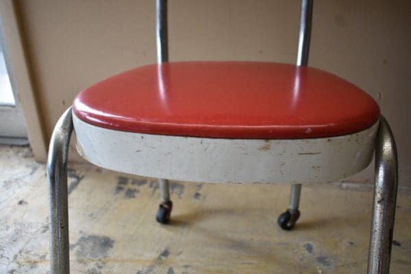 Mid Century Metal & Chrome Rolling Red Upholstered Chair