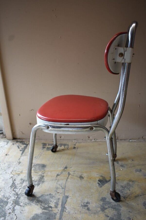 Mid Century Metal & Chrome Rolling Red Upholstered Chair