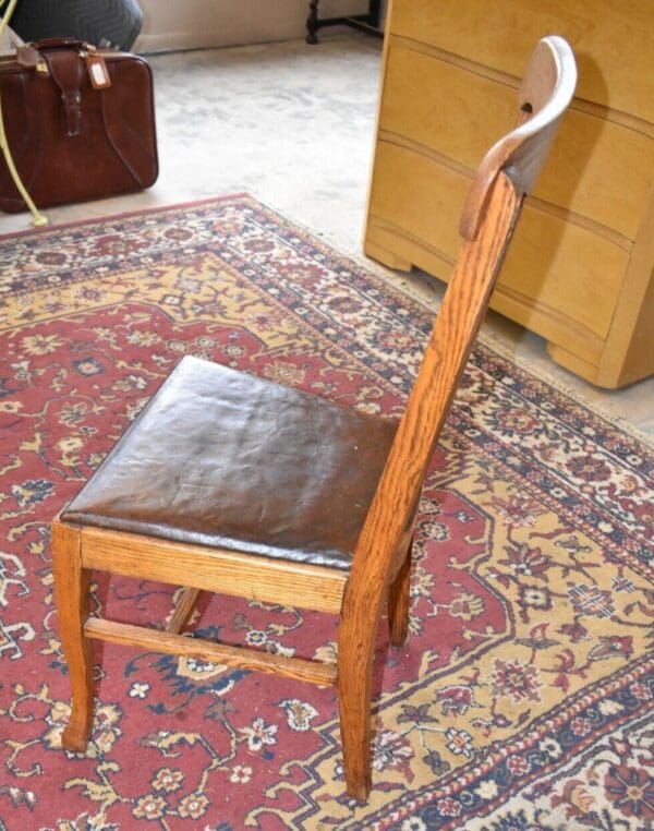 Antique Oak Leather Seat T Back Side Chair