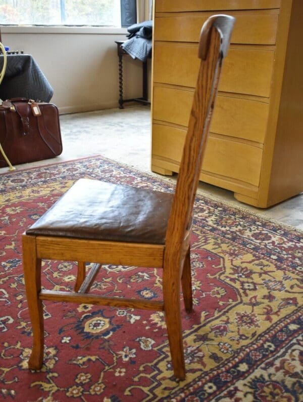 Antique Oak Leather Seat T Back Side Chair