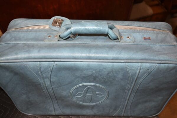 Rare Vintage 1970's Blue Leather Suitcase by American Tourister