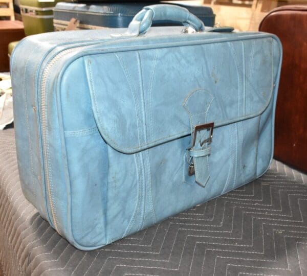 Rare Vintage 1970's Blue Leather Suitcase by American Tourister