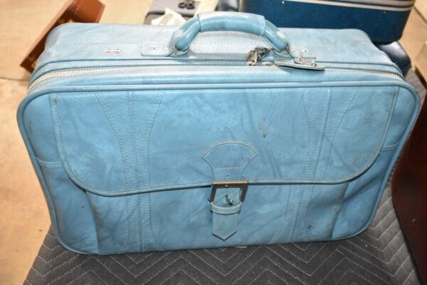 Rare Vintage 1970's Blue Leather Suitcase by American Tourister