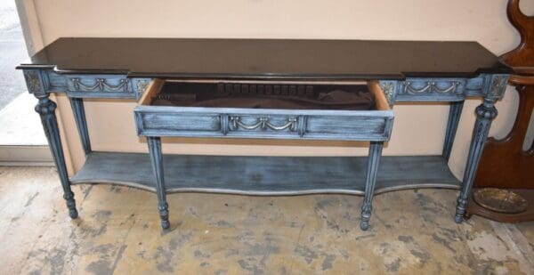 Large Marble Top Dining Room Server Buffet, Painted Blue