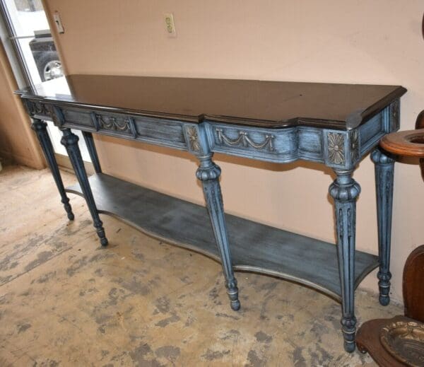 Large Marble Top Dining Room Server Buffet, Painted Blue