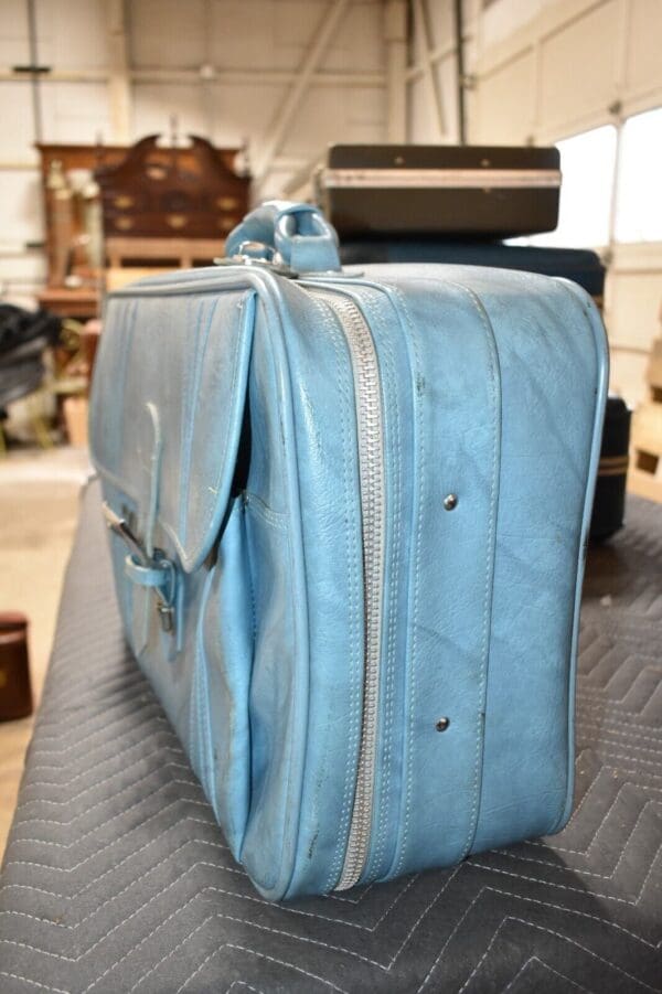 Rare Vintage 1970's Blue Leather Suitcase by American Tourister