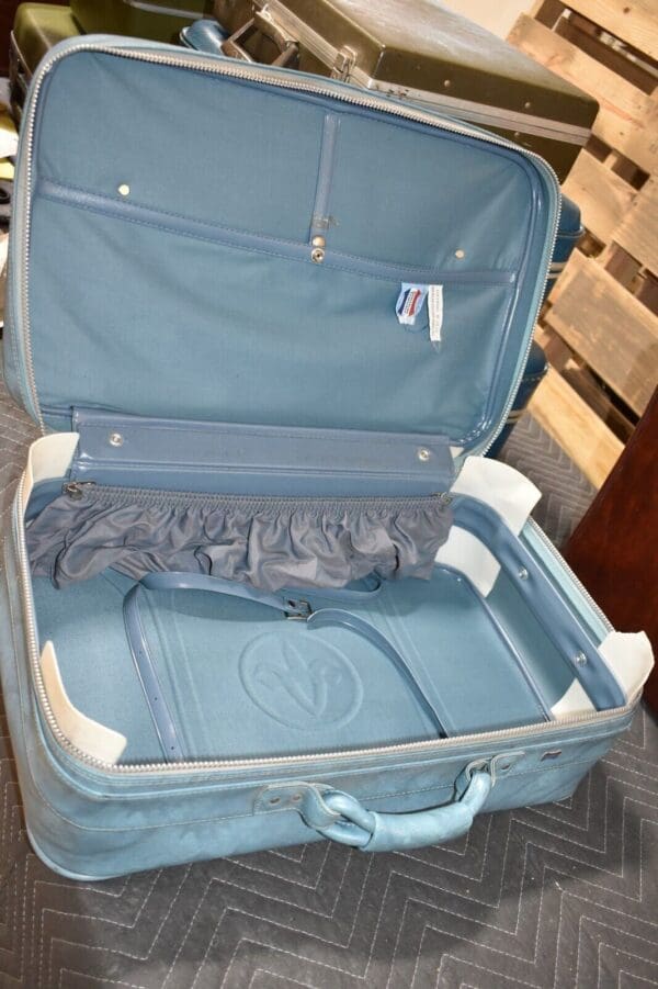 Rare Vintage 1970's Blue Leather Suitcase by American Tourister