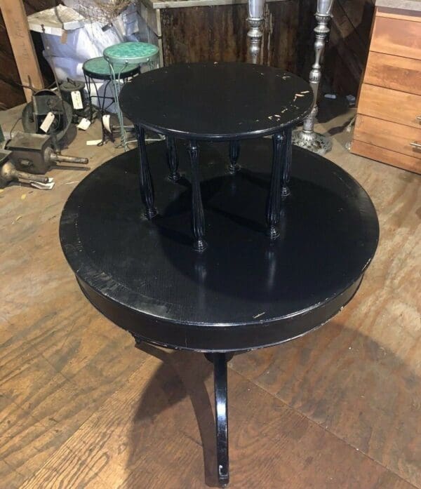 Antique Two-Tier Round Center Table Painted Black Vintage Furniture