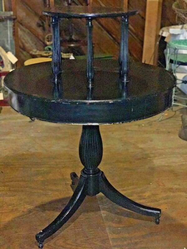 Antique Two-Tier Round Center Table Painted Black Vintage Furniture