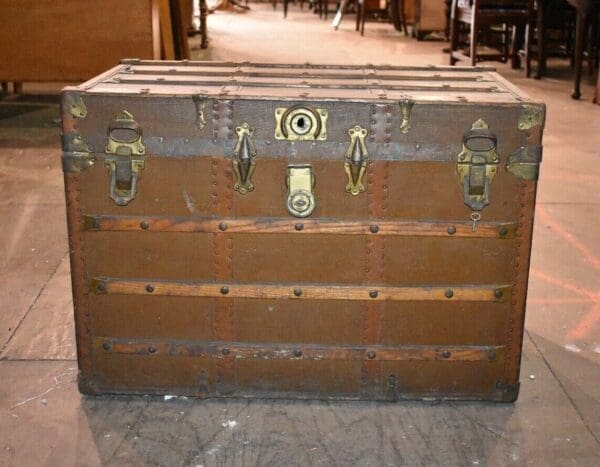 Antique Flat Top Wood Slat Brown Trunk Primitive Railroad Chest