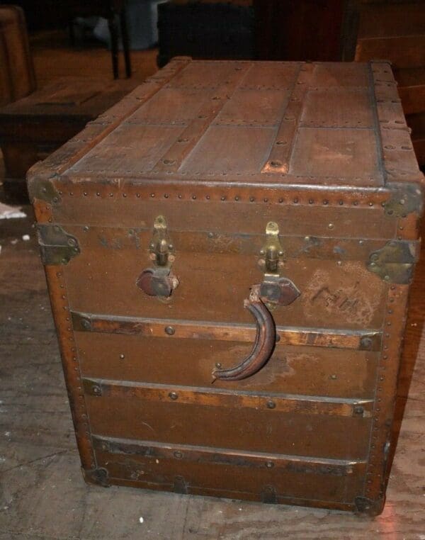 Antique Flat Top Wood Slat Brown Trunk Primitive Railroad Chest