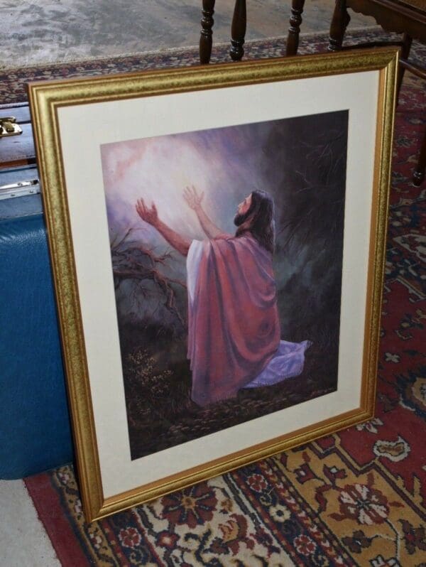 Vintage Religious Print, Jesus praying in the Garden of Gethsemane, Signed Haley