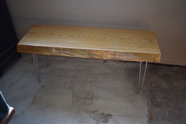 Vintage Live Edge Wood Slab Bench, Metal Legs