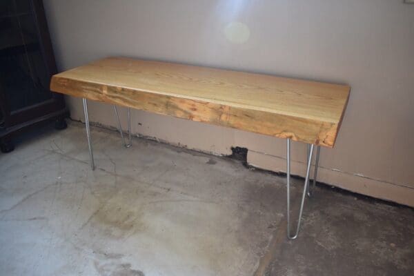 Vintage Live Edge Wood Slab Bench, Metal Legs