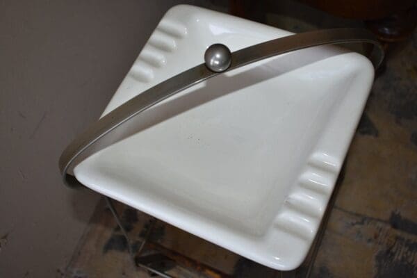 Mid-Century Vintage White Ashtray on Chrome & Wrought Iron Style Base