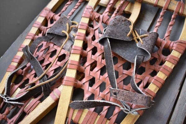 Primitive Pair of Antique Wood Snow Shoes with Red Leather