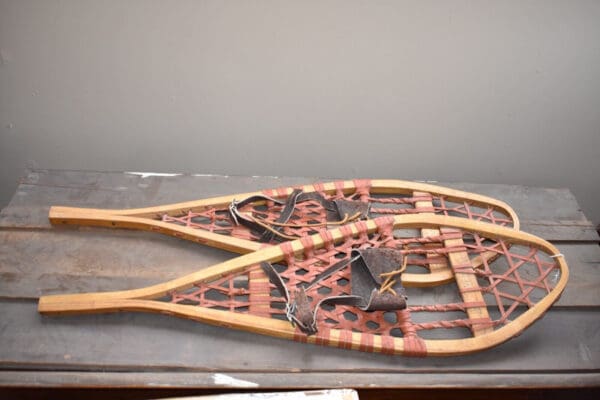 Primitive Pair of Antique Wood Snow Shoes with Red Leather