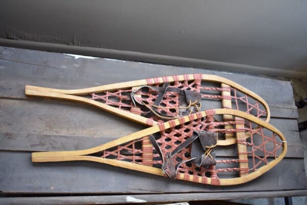 Primitive Pair of Antique Wood Snow Shoes with Red Leather