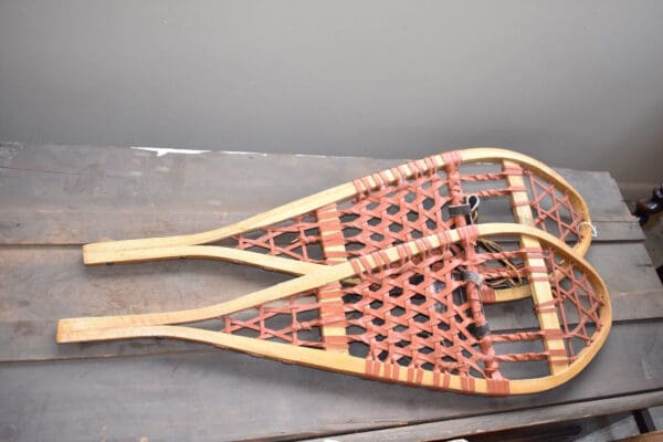 Primitive Pair of Antique Wood Snow Shoes with Red Leather