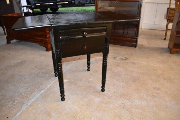 Antique Empire Style Drop Sides Table with Turned Legs Dark Ebonized Finish