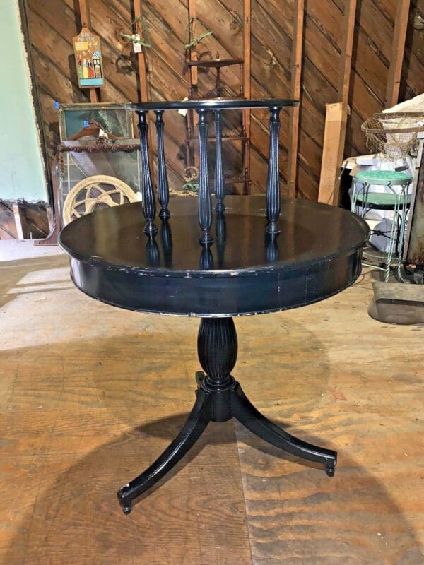 Antique Two-Tier Round Center Table Painted Black Vintage Furniture