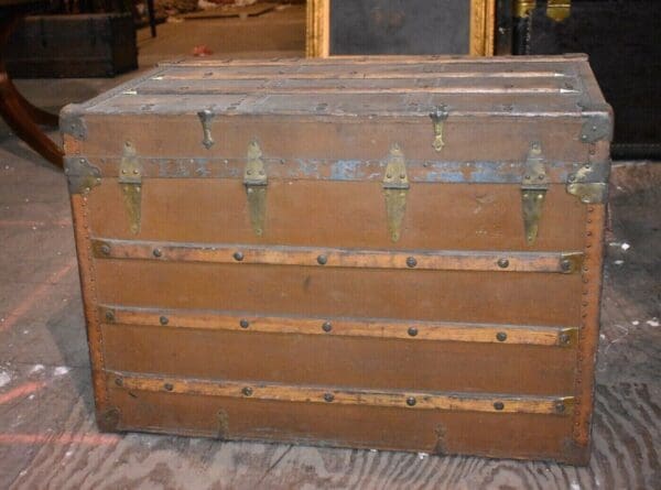 Antique Flat Top Wood Slat Brown Trunk Primitive Railroad Chest