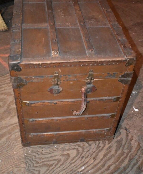 Antique Flat Top Wood Slat Brown Trunk Primitive Railroad Chest