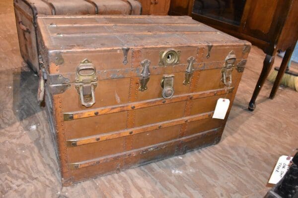 Antique Flat Top Wood Slat Brown Trunk Primitive Railroad Chest