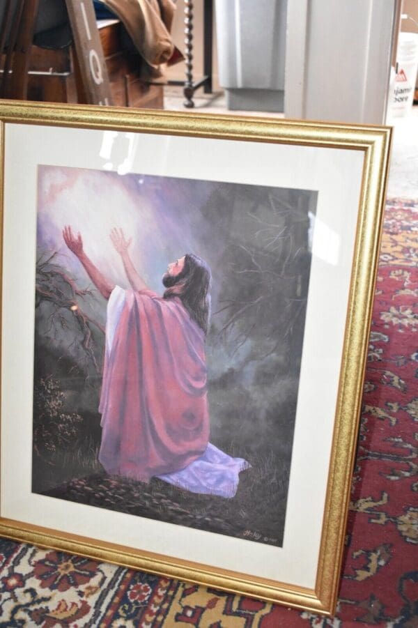 Vintage Religious Print, Jesus praying in the Garden of Gethsemane, Signed Haley