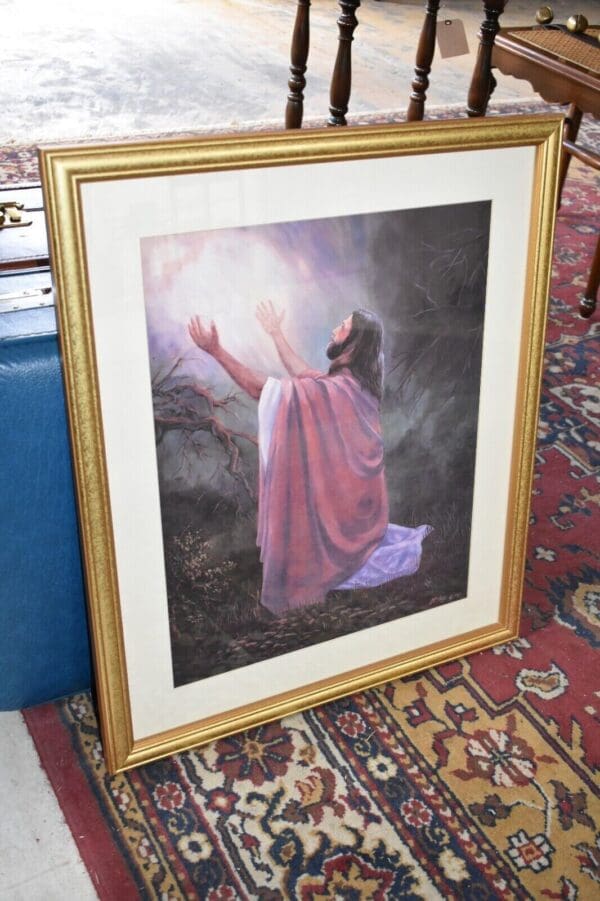 Vintage Religious Print, Jesus praying in the Garden of Gethsemane, Signed Haley