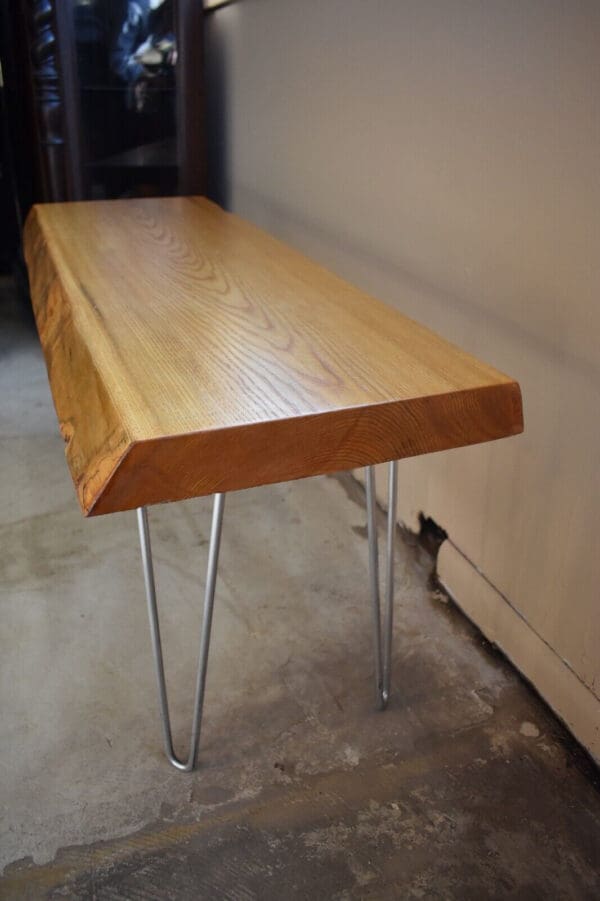 Vintage Live Edge Wood Slab Bench, Metal Legs