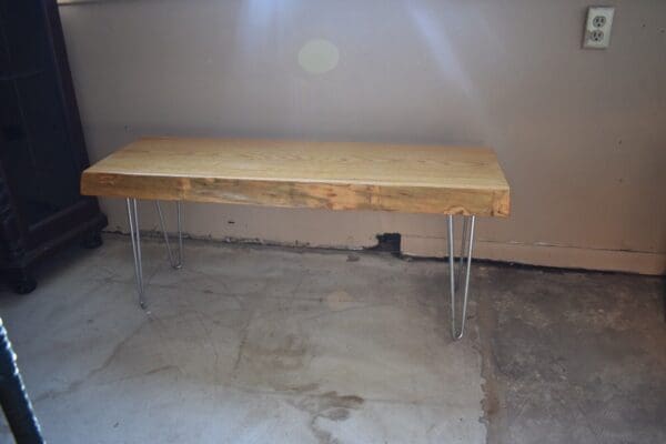 Vintage Live Edge Wood Slab Bench, Metal Legs