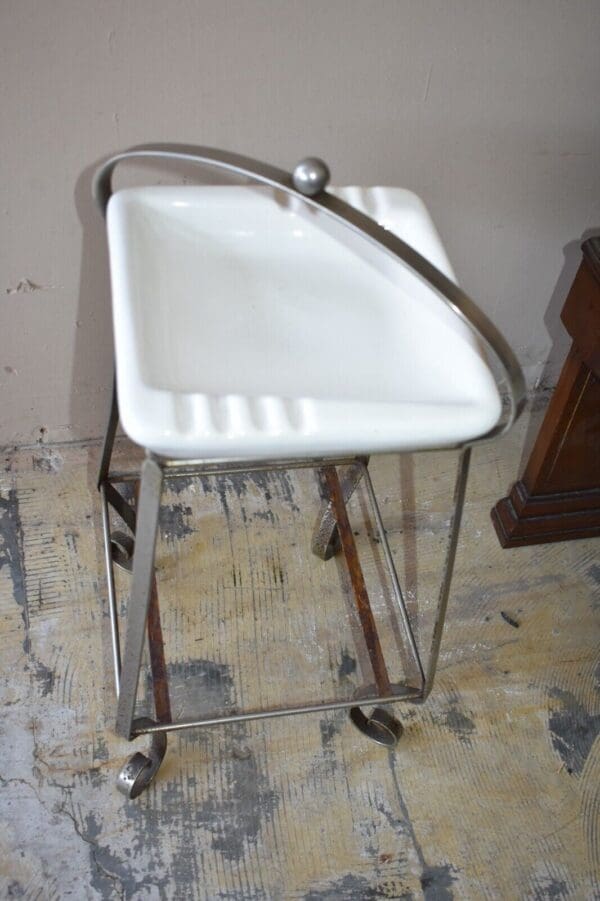 Mid-Century Vintage White Ashtray on Chrome & Wrought Iron Style Base