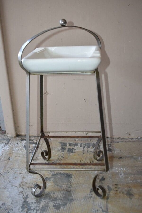 Mid-Century Vintage White Ashtray on Chrome & Wrought Iron Style Base