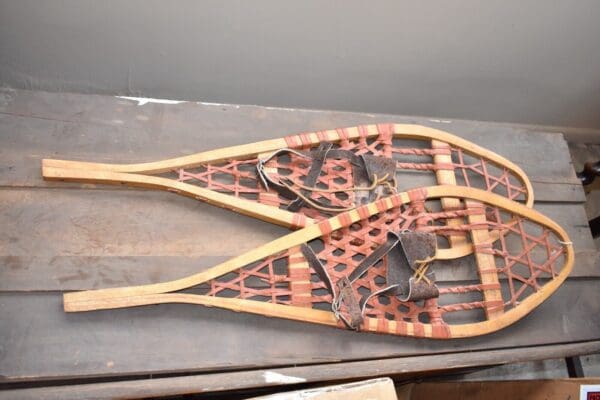 Primitive Pair of Antique Wood Snow Shoes with Red Leather