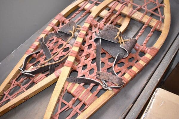 Primitive Pair of Antique Wood Snow Shoes with Red Leather