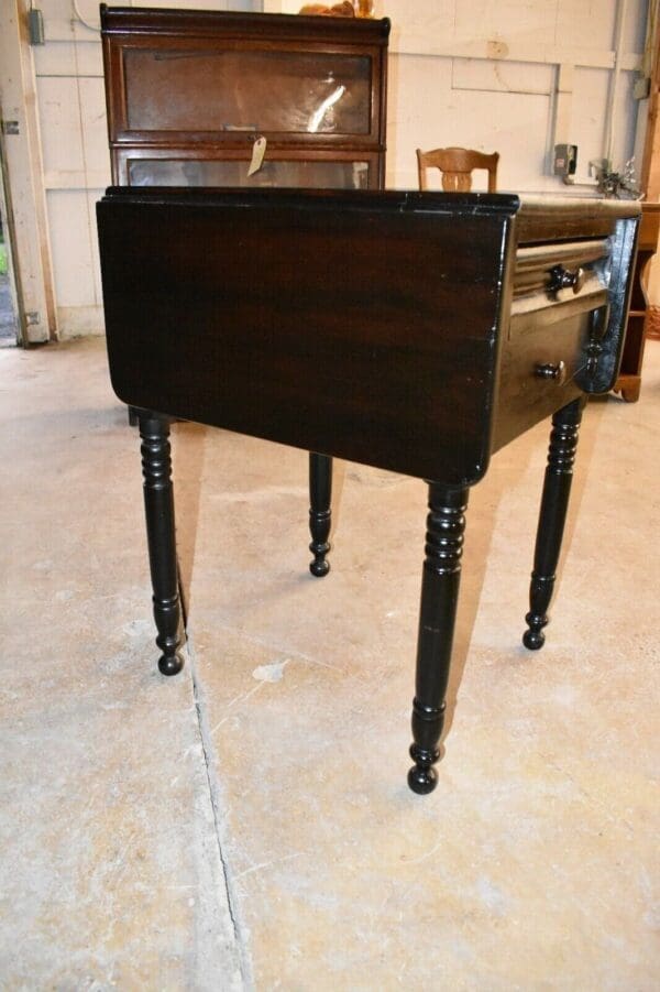 Antique Empire Style Drop Sides Table with Turned Legs Dark Ebonized Finish