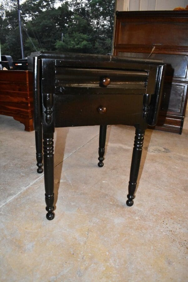 Antique Empire Style Drop Sides Table with Turned Legs Dark Ebonized Finish