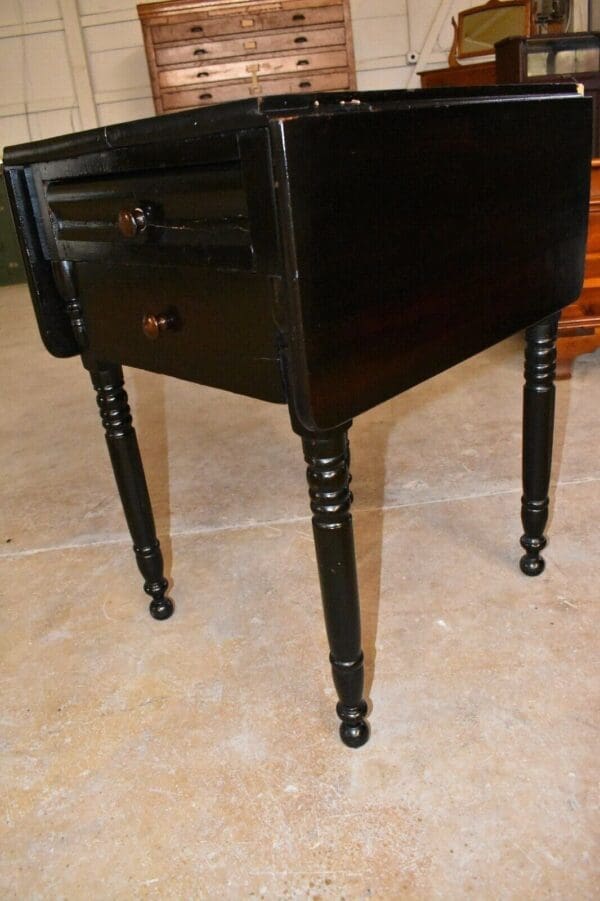 Antique Empire Style Drop Sides Table with Turned Legs Dark Ebonized Finish