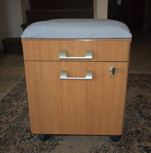 Vintage Office File Cabinet, Rolling Upholstered Bench