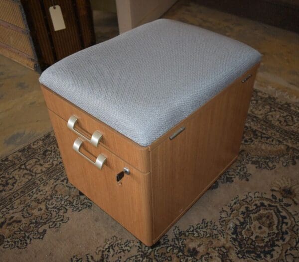 Vintage Office File Cabinet, Rolling Upholstered Bench