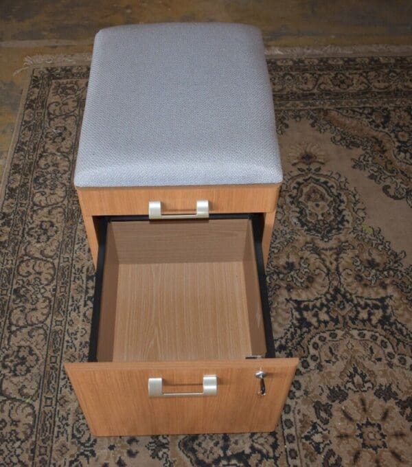 Vintage Office File Cabinet, Rolling Upholstered Bench